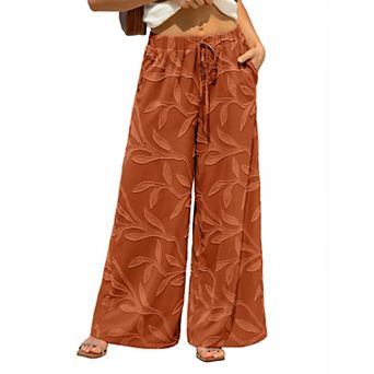 XuBa Women's Leaf Cutout Jacquard Wide Leg Pants Casual Trousers with Pockets Summer Resort Pants