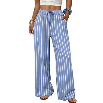XuBa Women's Striped Wide Leg Pants Cotton Palazzo Trousers with Pockets Summer Beach Vacation Pants