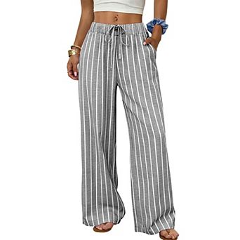 XuBa Women's Striped Wide Leg Pants Cotton Palazzo Trousers with Pockets Summer Beach Vacation Pants