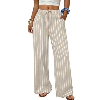 XuBa Women's Striped Wide Leg Pants Cotton Palazzo Trousers with Pockets Summer Beach Vacation Pants