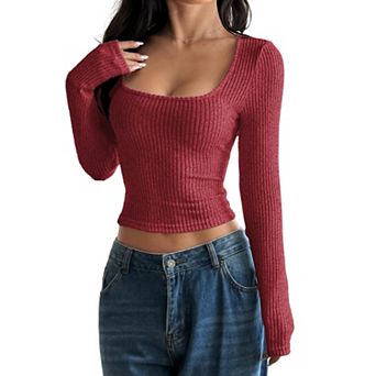 Women Square Neck T Shirt Long Sleeve Fitted Cropped Casual Tee