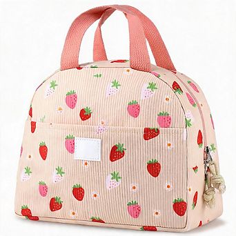 Cute Strawberry Corduroy Insulated Lunch Bag with Front Pocket for School Work Picnic