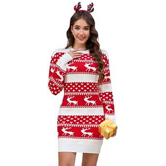 Women's Christmas Round Neck Moose Knit Long Sleeve Midi Dress
