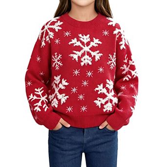 Girls Christmas Snowflake Knit Sweater Crew Neck Long Sleeve Pullover Holiday Winter Sweater