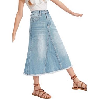 FUNJULY Girls' Midi Denim Skirt A‑Line Jean Skirt for Kids