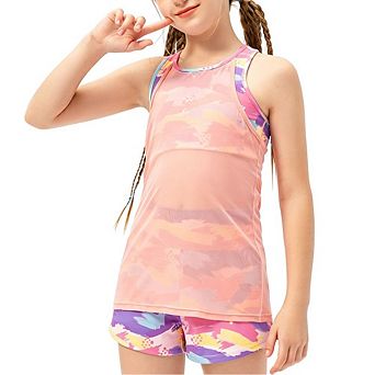 Girls Mesh Sleeveless Tank Top Fake Two Piece Athletic Vest for Dance Yoga Running Training