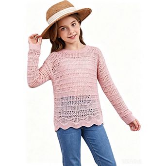 FUNJULY Girls Hollow Long Sleeve Sweater Knit Scallop Hem Pullover Top