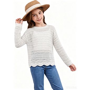 FUNJULY Girls Hollow Long Sleeve Sweater Knit Scallop Hem Pullover Top