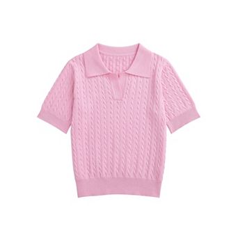 FUNJULY Girls' Short Sleeve Knit Polo Sweater V-Neck School Uniform Pullover Top