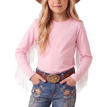 FUNJULY Girls' Western Fringe Long Sleeve Tee Soft Stretch Cowgirl School Uniform Top