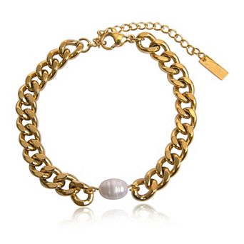 Jewels by Sunaina AMAYA Freshwater Pearl Cuban Link Bracelet 18K Gold Plated Stainless Steel