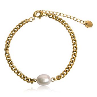 Jewels by Sunaina Izzy Pearl Bracelet for Women, Gold Plated Stainless Steel Chain Link Design