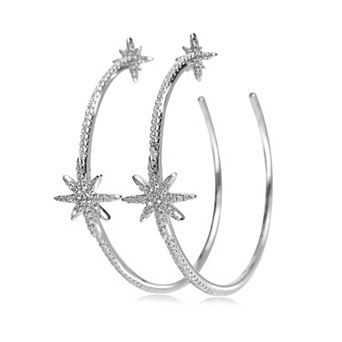 Jewels by Sunaina Leila Star Hoop Earrings for Women, Silver Stainless Steel with Cubic Zirconia