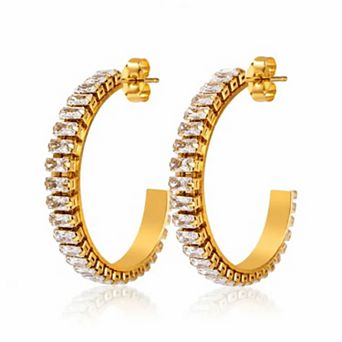 Jewels by Sunaina Clare Baguette Crystal Hoop Earrings for Women, 18K Gold Plated Stainless Steel