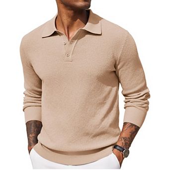 COOFANDY Mens Knit Polo Shirts Long Sleeve Casual Polo Shirt Waffle Textured Collared Sweater