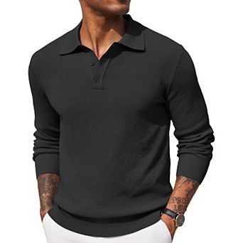 COOFANDY Mens Knit Polo Shirts Long Sleeve Casual Polo Shirt Waffle Textured Collared Sweater
