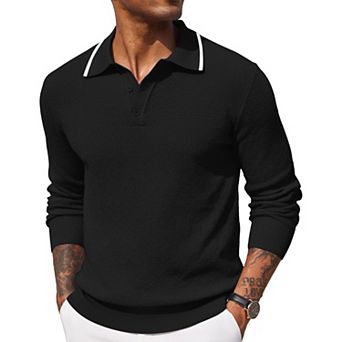 COOFANDY Mens Knit Polo Shirts Long Sleeve Casual Polo Shirt Waffle Textured Collared Sweater