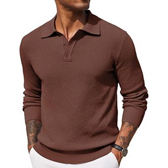 COOFANDY Mens Knit Polo Shirts Long Sleeve Casual Polo Shirt Waffle Textured Collared Sweater