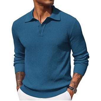 COOFANDY Mens Knit Polo Shirts Long Sleeve Casual Polo Shirt Waffle Textured Collared Sweater