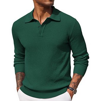 COOFANDY Mens Knit Polo Shirts Long Sleeve Casual Polo Shirt Waffle Textured Collared Sweater