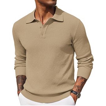 COOFANDY Mens Knit Polo Shirts Long Sleeve Casual Polo Shirt Waffle Textured Collared Sweater