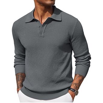 COOFANDY Mens Knit Polo Shirts Long Sleeve Casual Polo Shirt Waffle Textured Collared Sweater