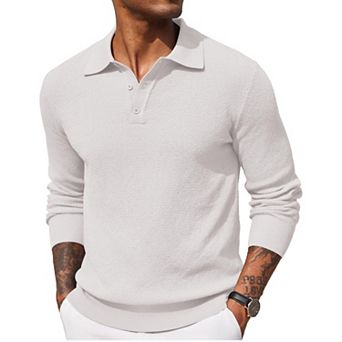 COOFANDY Mens Knit Polo Shirts Long Sleeve Casual Polo Shirt Waffle Textured Collared Sweater