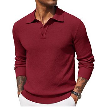 COOFANDY Mens Knit Polo Shirts Long Sleeve Casual Polo Shirt Waffle Textured Collared Sweater