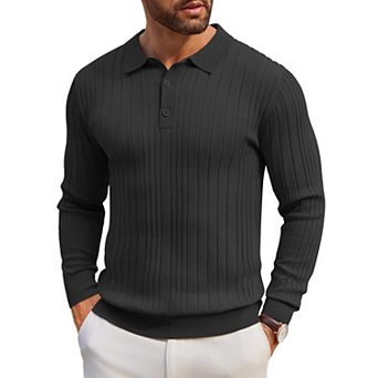 COOFANDY Men' Knit Polo Shirts Long Sleeve Casual Button Down Ribbed Polo Shirt Fashion Golf Shirts