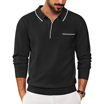 COOFANDY Knitted Long Sleeve Polo Men Banded Bottom Collared Sweaters Vintage Polo Sweater