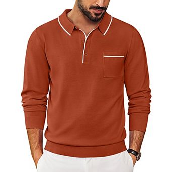 COOFANDY Knitted Long Sleeve Polo Men Banded Bottom Collared Sweaters Vintage Polo Sweater
