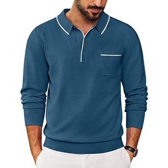 COOFANDY Knitted Long Sleeve Polo Men Banded Bottom Collared Sweaters Vintage Polo Sweater