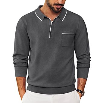 COOFANDY Knitted Long Sleeve Polo Men Banded Bottom Collared Sweaters Vintage Polo Sweater