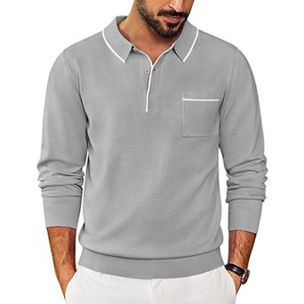 COOFANDY Knitted Long Sleeve Polo Men Banded Bottom Collared Sweaters Vintage Polo Sweater