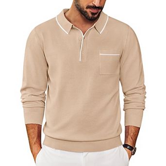 COOFANDY Knitted Long Sleeve Polo Men Banded Bottom Collared Sweaters Vintage Polo Sweater
