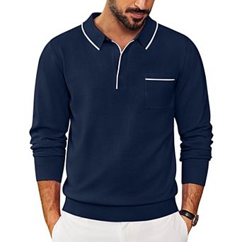 COOFANDY Knitted Long Sleeve Polo Men Banded Bottom Collared Sweaters Vintage Polo Sweater