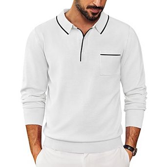 COOFANDY Knitted Long Sleeve Polo Men Banded Bottom Collared Sweaters Vintage Polo Sweater