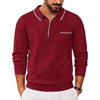 COOFANDY Knitted Long Sleeve Polo Men Banded Bottom Collared Sweaters Vintage Polo Sweater
