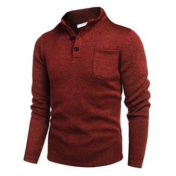 COOFANDY Men' Button Henley Sweater Casual Knitted Sweatshirt Mock Neck Fleece Pullover with Pocket