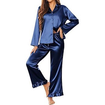 Ekouaer Silk Satin Pajamas Set Womens Long Sleepwear Button Down Two Piece Classic Pajamas Set