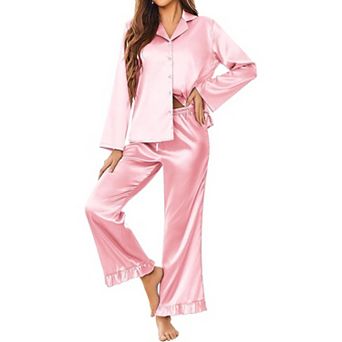 Ekouaer Silk Satin Pajamas Set Womens Long Sleepwear Button Down Two Piece Classic Pajamas Set