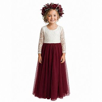 2Bunnies Girls Peony Lace Long Sleeve Tulle Maxi Flower Girl Dress