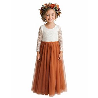 2Bunnies Girls Peony Lace Long Sleeve Tulle Maxi Flower Girl Dress