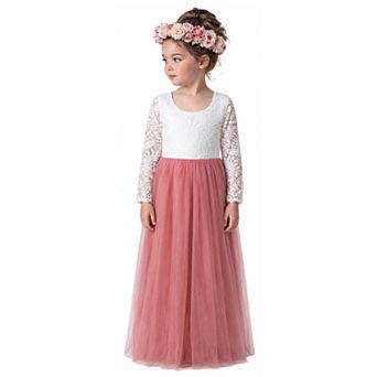 2Bunnies Girls Peony Lace Long Sleeve Tulle Maxi Flower Girl Dress