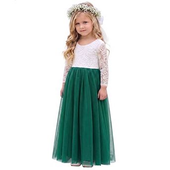 2Bunnies Girls Peony Lace Long Sleeve Tulle Maxi Flower Girl Dress