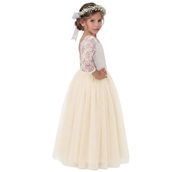 2Bunnies Girls Peony Lace Long Sleeve Tulle Maxi Flower Girl Dress