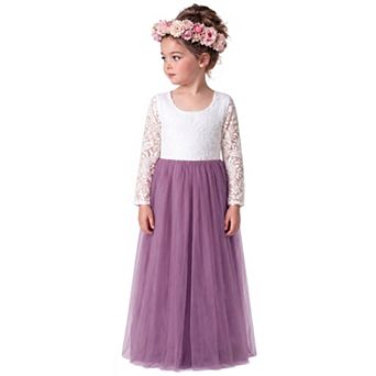 2Bunnies Girls Peony Lace Long Sleeve Tulle Maxi Flower Girl Dress