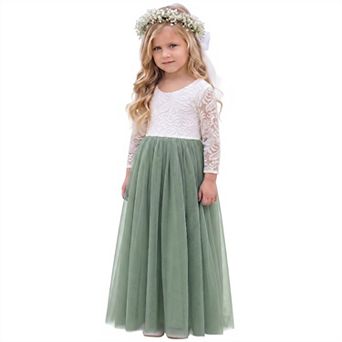 2Bunnies Girls Peony Lace Long Sleeve Tulle Maxi Flower Girl Dress