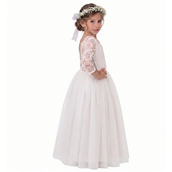 2Bunnies Girls Peony Lace Long Sleeve Tulle Maxi Flower Girl Dress