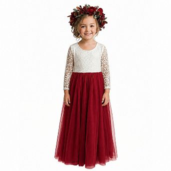 2Bunnies Girls Peony Lace Long Sleeve Tulle Maxi Flower Girl Dress